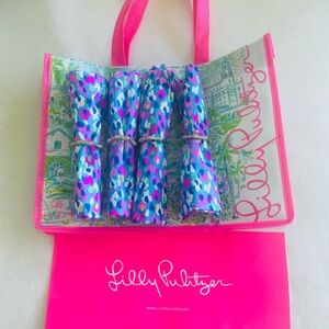 Lilly Pulitzer 4 Cloth Napkins w/ Gold Bamboo Ring + Lilly Shopping Bag NNT